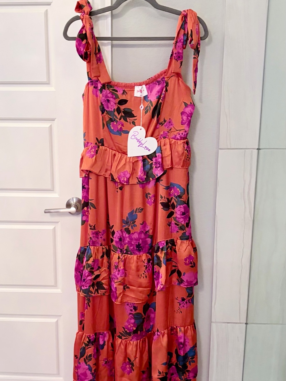 Buddy Love Womens’ Bright Orange Floral Tie-Shoulder Floor Length Dress